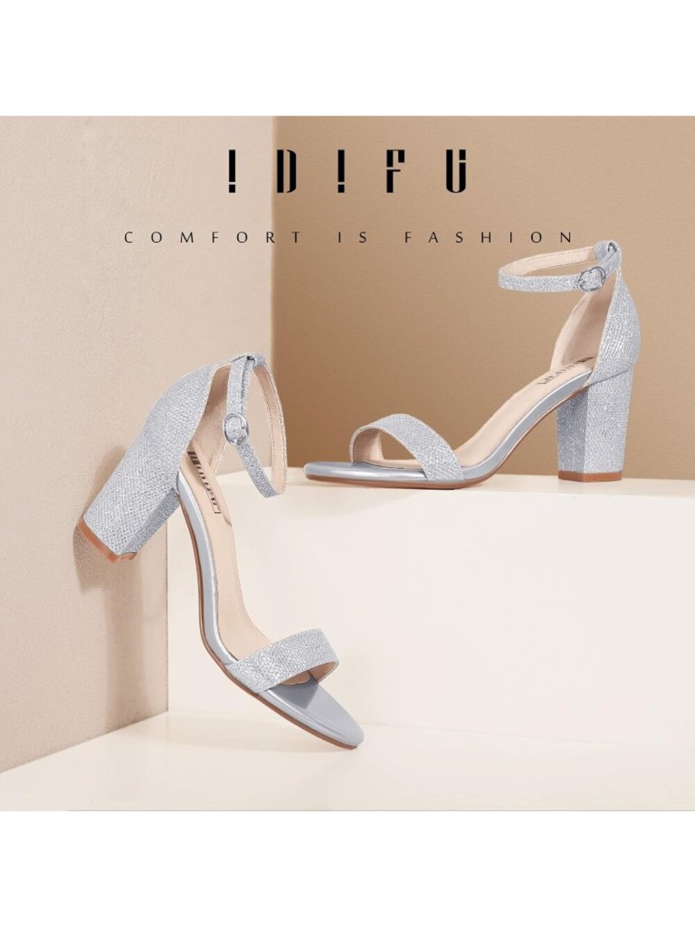 Women's Silver Glitter Adjustable Ankle Strap Open Toe Chunky Short Heel Sandals - Picture 3 of 6
